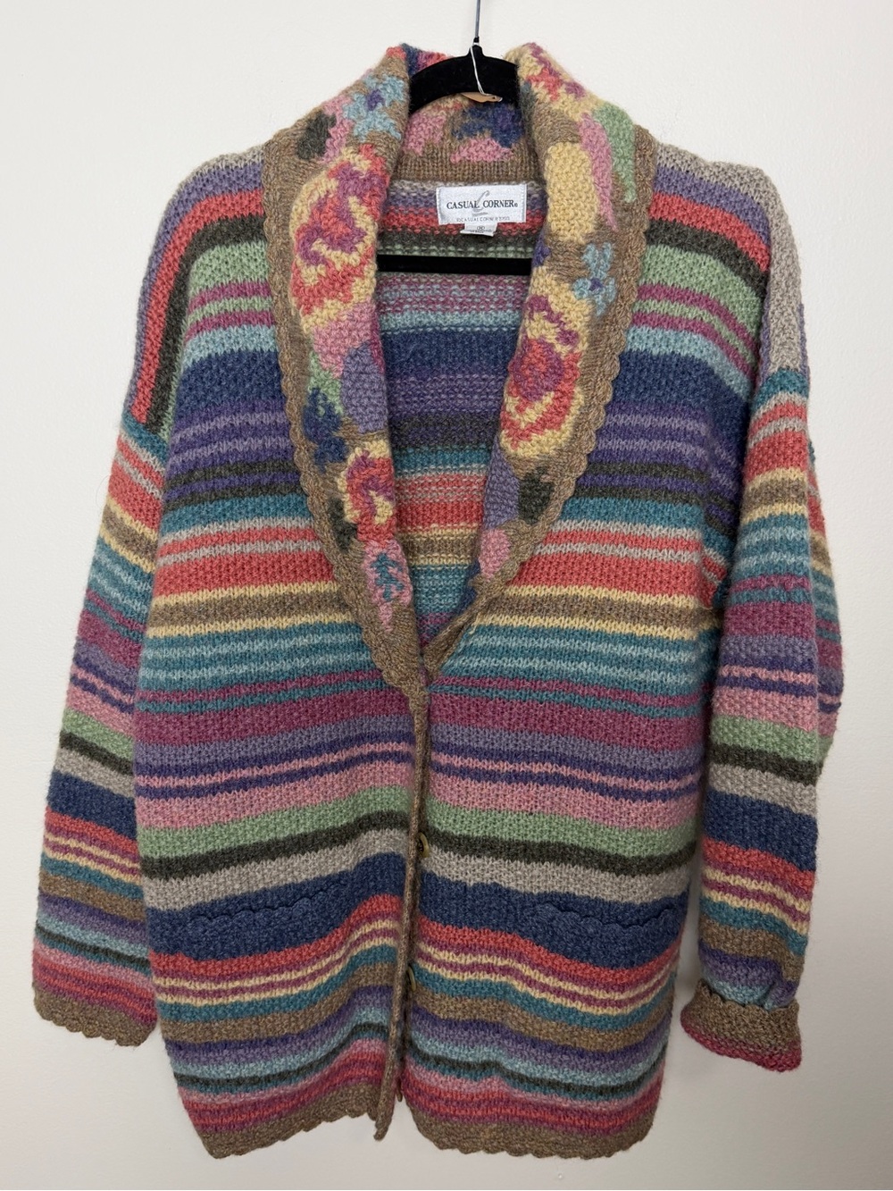 vintage Casual Corner shetland wool colorful maximalist floral stripe cardigan M - Picture 4 of 8